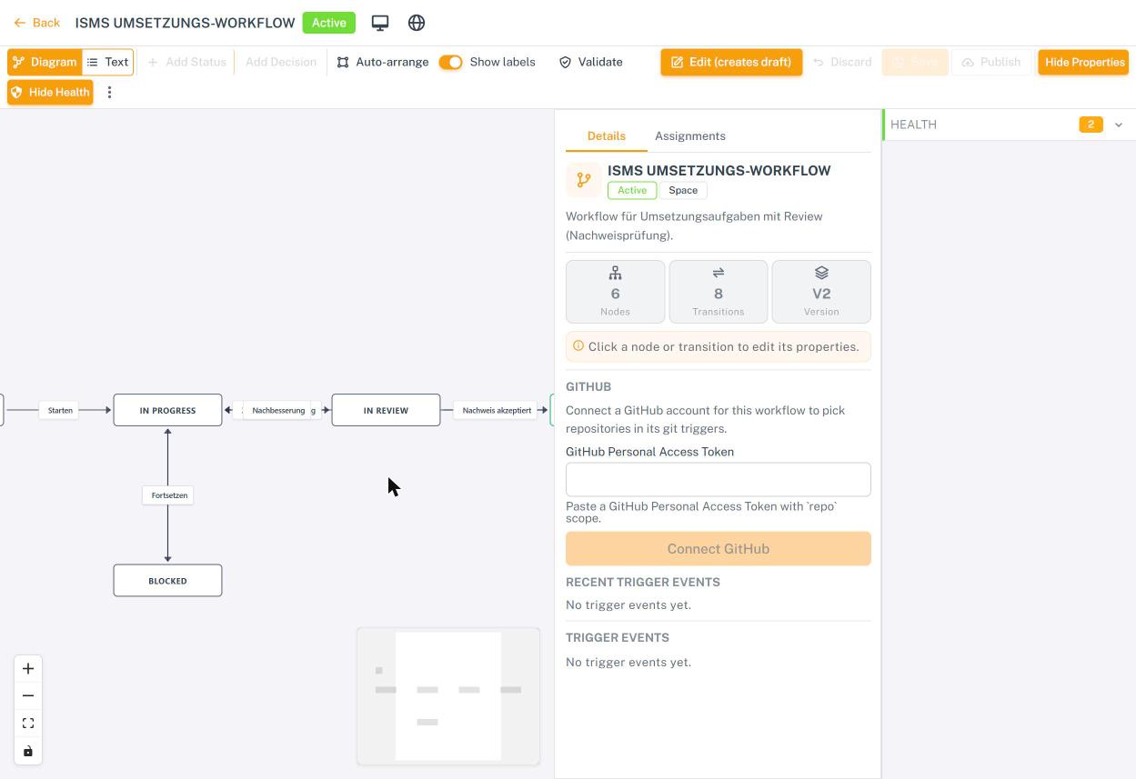 Workflow-Editor mit Diagramm, Eigenschaften und Health-Prüfung