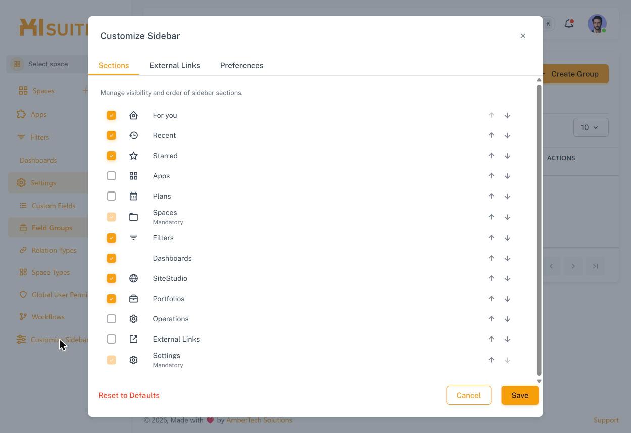 Dialog „Customize Sidebar“