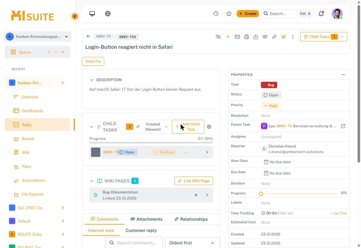 Aufgabendetail mit Beschreibung, Unteraufgaben, Wiki-Verknüpfung und Eigenschaften