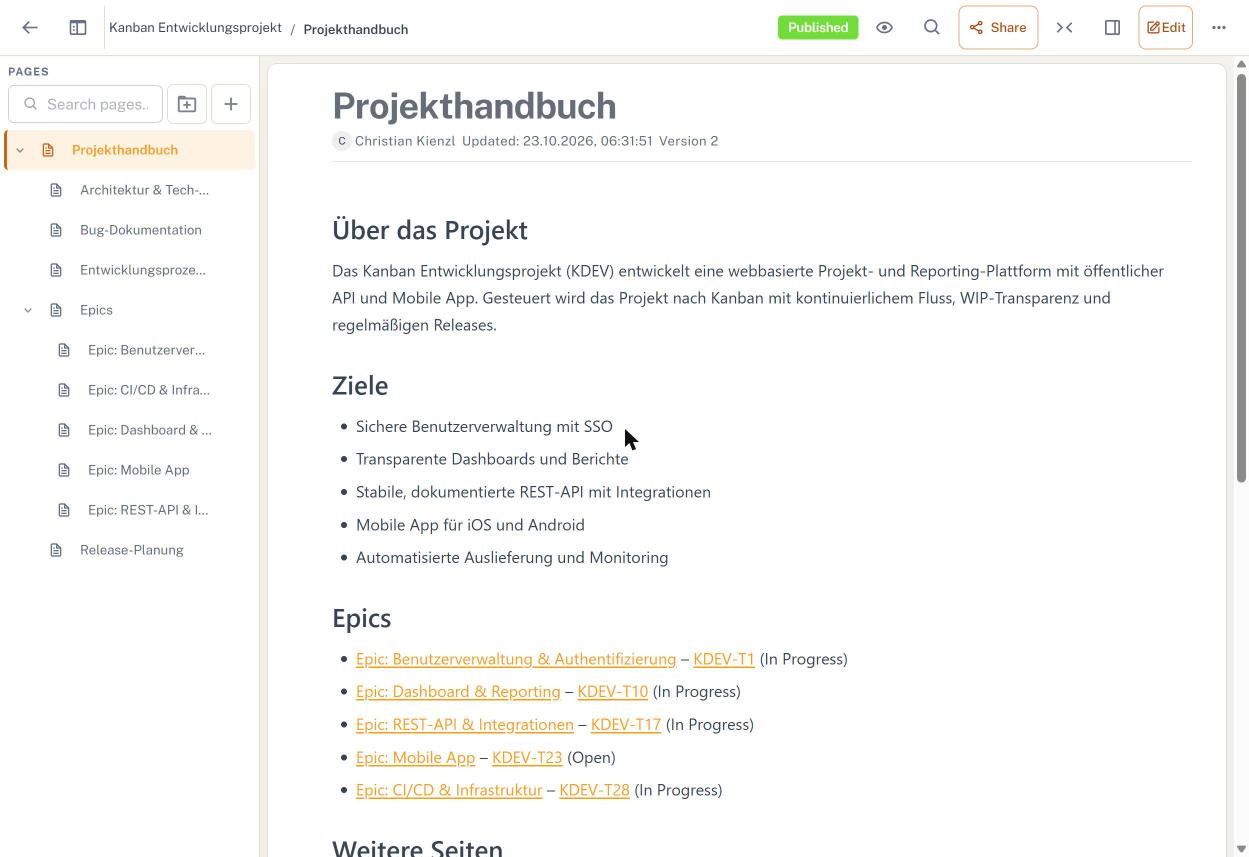 Wiki mit Seitenbaum und Seite „Projekthandbuch“
