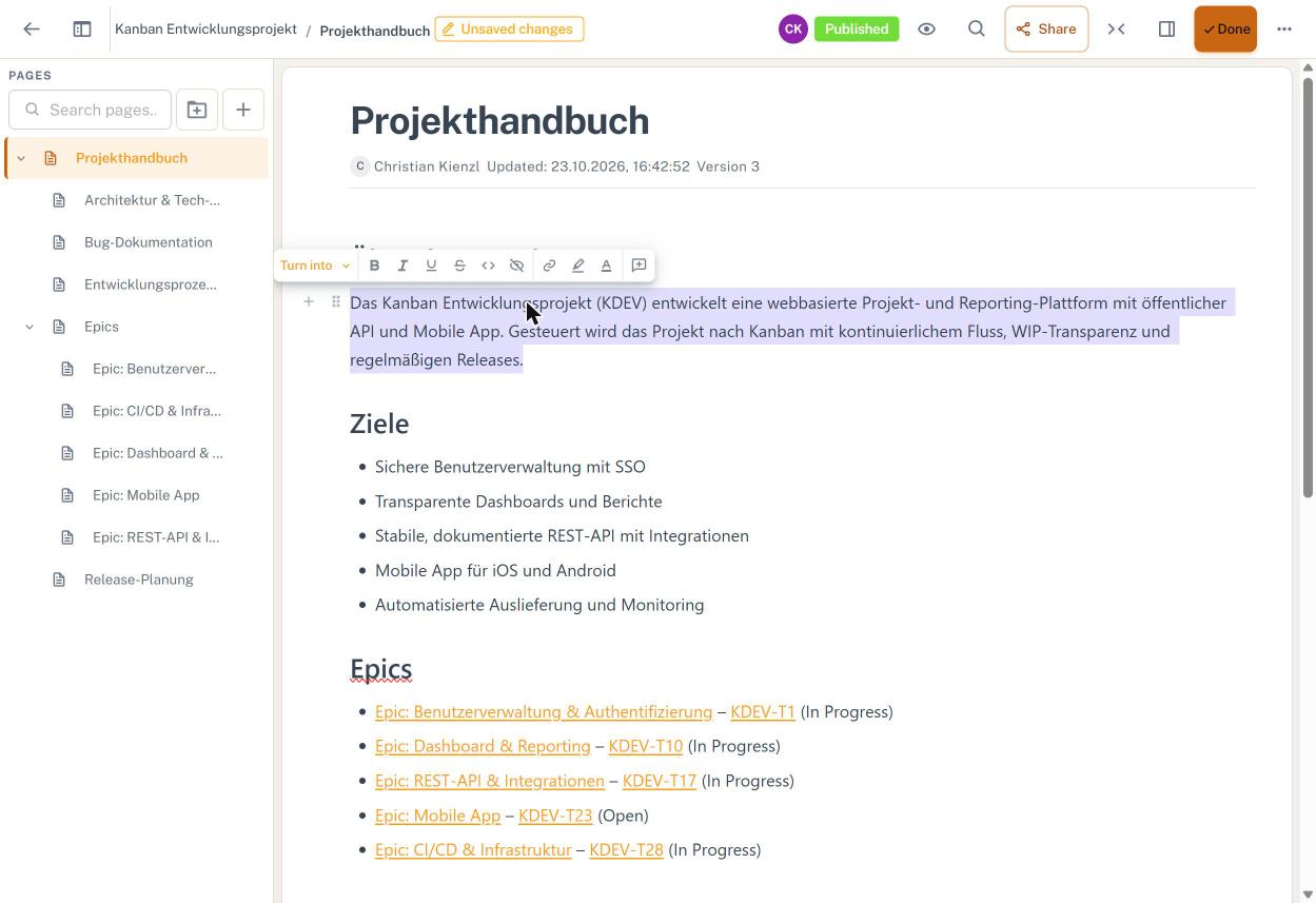 Formatleiste bei markiertem Text