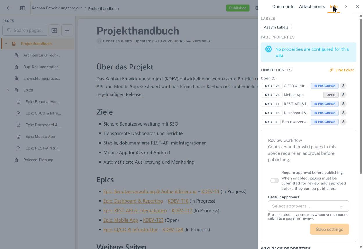 Seitenpanel – Info mit Labels, Tickets und Review workflow